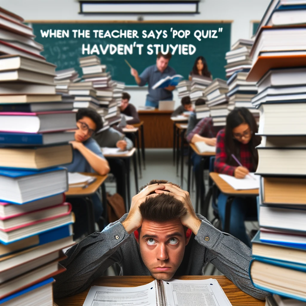 A student sitting at a desk surrounded by stacks of textbooks and notebooks, looking overwhelmed. The caption above reads, 'When the teacher says "pop quiz" and you haven't studied.' The classroom is filled with students in a similar state, with one student in the background holding a textbook upside down in confusion.