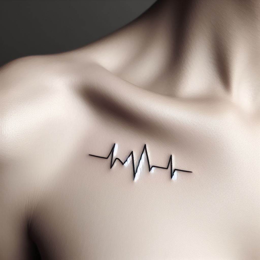 A minimalist tattoo design that mimics a heartbeat or EKG line, running subtly along the curve of the collarbone. The line should have a few sharp peaks to represent heartbeats, symbolizing life, passion, and love. This discreet placement makes it a personal reminder of what keeps the individual alive and loving.