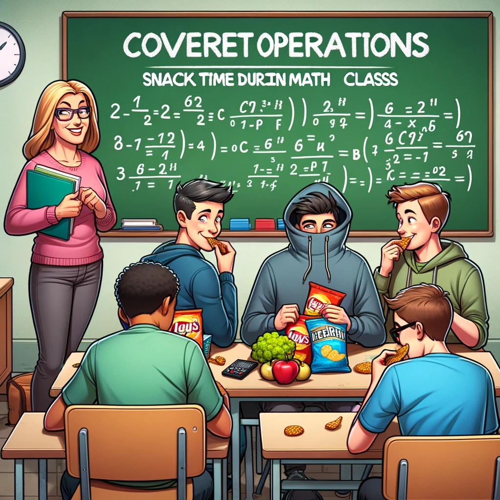 A group of students sneaking snacks into the classroom, hiding them under their desks. The caption reads, 'Covert operations: Snack time during math class.' The teacher, oblivious, is focused on the chalkboard, writing equations. The students are exchanging glances and smiles, sharing their contraband snacks.