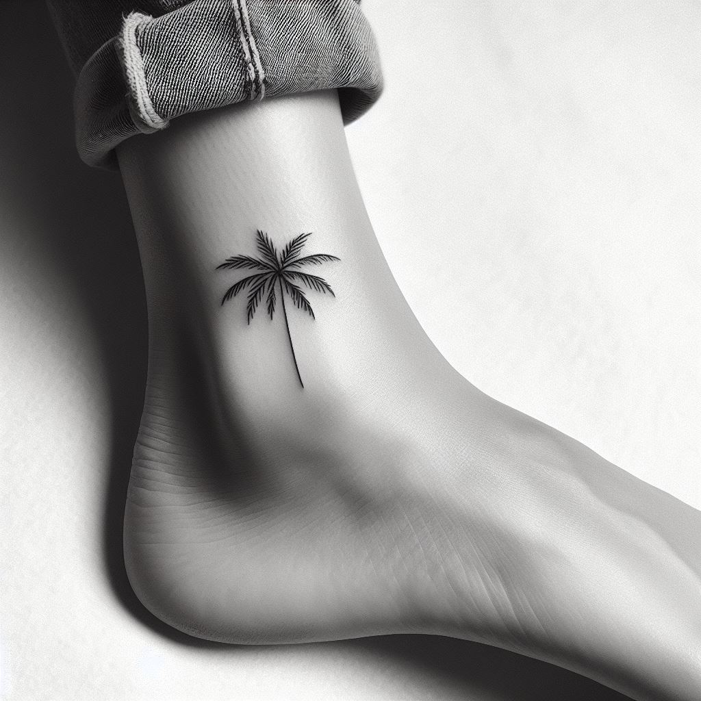 A single, fine-line palm tree tattoo that stands elegantly on the inner side of the ankle. The design should capture the essence of the palm with minimal detail, evoking feelings of tranquility, escape, and paradise. This tattoo can remind the wearer of a love for the beach or a significant tropical journey.