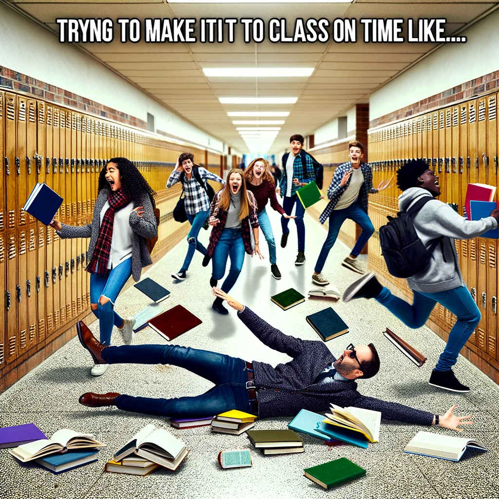 A school hallway filled with students, one of whom is dramatically sliding on their knees with books flying everywhere. The caption says, 'Trying to make it to class on time like...' Other students are stepping aside, some cheering, while a few look on in amused disbelief. Lockers line the walls, adding to the chaotic school setting.