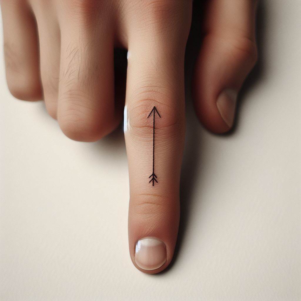 A very small, minimalist arrow tattooed along the side of one finger. The arrow should be designed with clean, straight lines, pointing either upwards or towards the fingertip. This subtle tattoo can symbolize direction, purpose, and moving forward despite life's challenges.