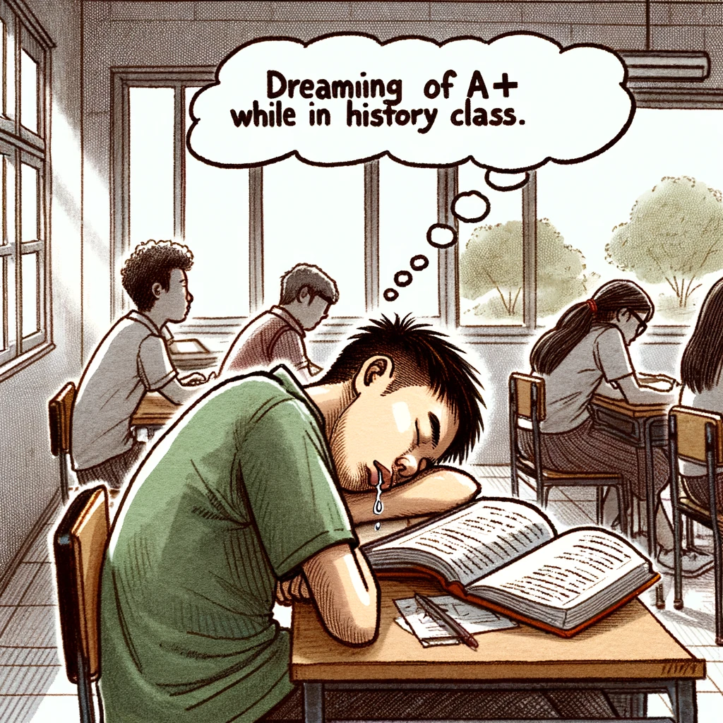 A student asleep on their desk with an open textbook, drooling slightly. The caption above reads, 'Dreaming of A+'s while in history class.' The classroom is quiet, with other students focused on their work and the teacher lecturing from a book. A window shows it's a sunny day outside, contrasting the sleepy atmosphere inside.