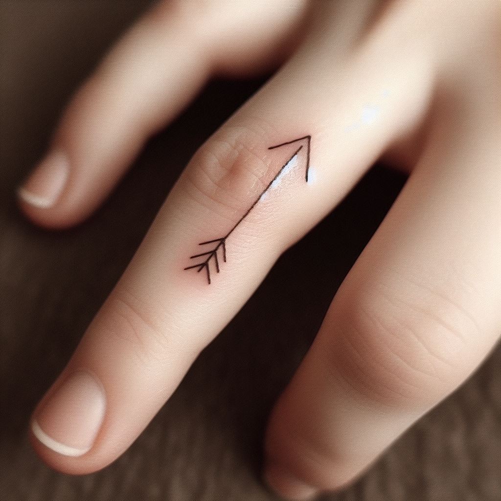 A very small, minimalist arrow tattooed along the side of one finger. The arrow should be designed with clean, straight lines, pointing either upwards or towards the fingertip. This subtle tattoo can symbolize direction, purpose, and moving forward despite life's challenges.