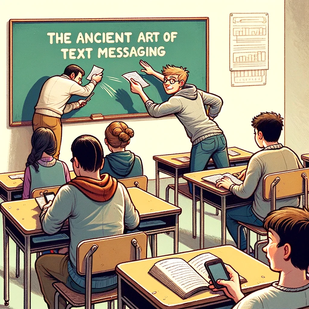 Two students passing a note in class, trying to be stealthy while the teacher's back is turned. The caption reads, 'The ancient art of text messaging.' The classroom is filled with students pretending to pay attention, while a few are curiously watching the note being passed. The teacher is writing on the board, completely unaware of the students' antics.