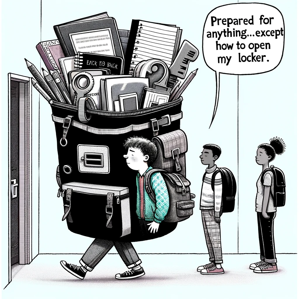 A student with a giant backpack, struggling to walk down the hallway. The backpack is filled to the brim with books, notebooks, and school supplies, looking ready to burst. The caption says, 'Prepared for anything... except how to open my locker.' Other students are walking past, some looking sympathetically, others amused.