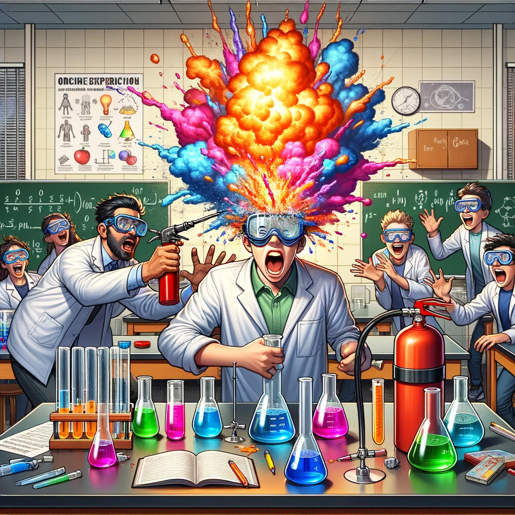 A science lab with students wearing goggles, one student accidentally creating a colorful explosion from their beaker. The caption reads, 'When your science experiment decides to be dramatic.' The teacher is rushing over with a fire extinguisher, while other students are either laughing or taking cover. The lab is filled with scientific posters and equipment, adding to the chaotic but educational atmosphere.