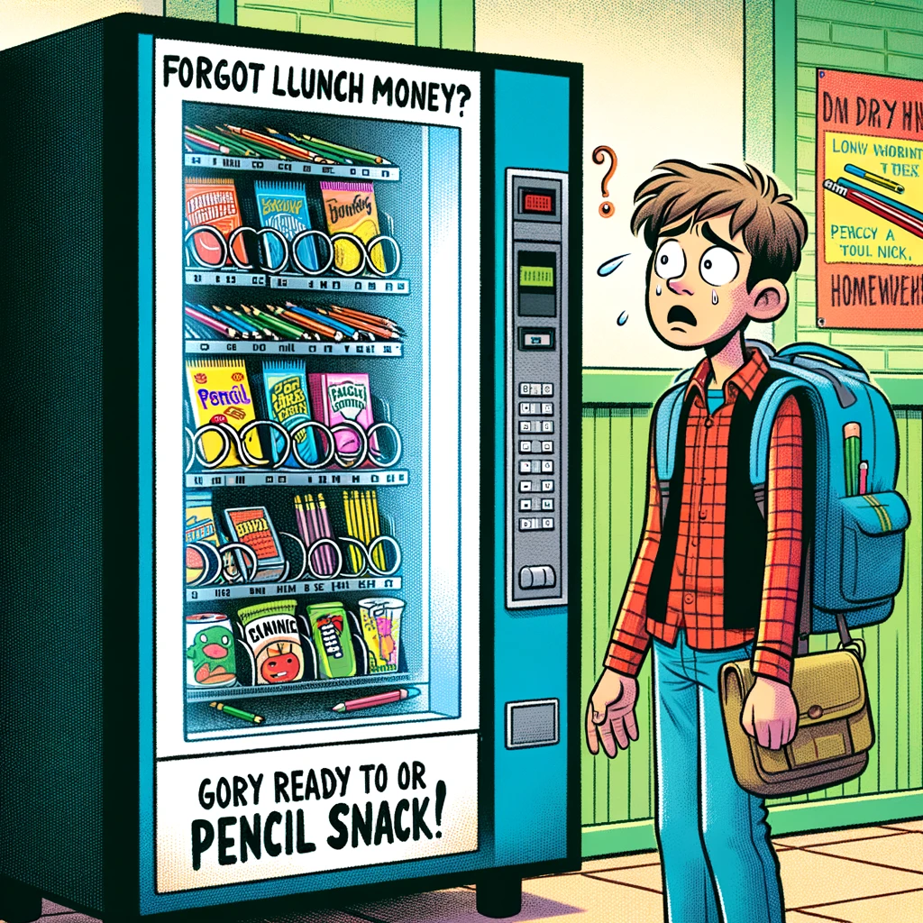 A student looking confused at a vending machine that only sells pencils and erasers, with the caption, 'Forgot lunch money? Get ready for a pencil snack.' The vending machine is in a school hallway, brightly lit and surrounded by posters encouraging studying and homework.