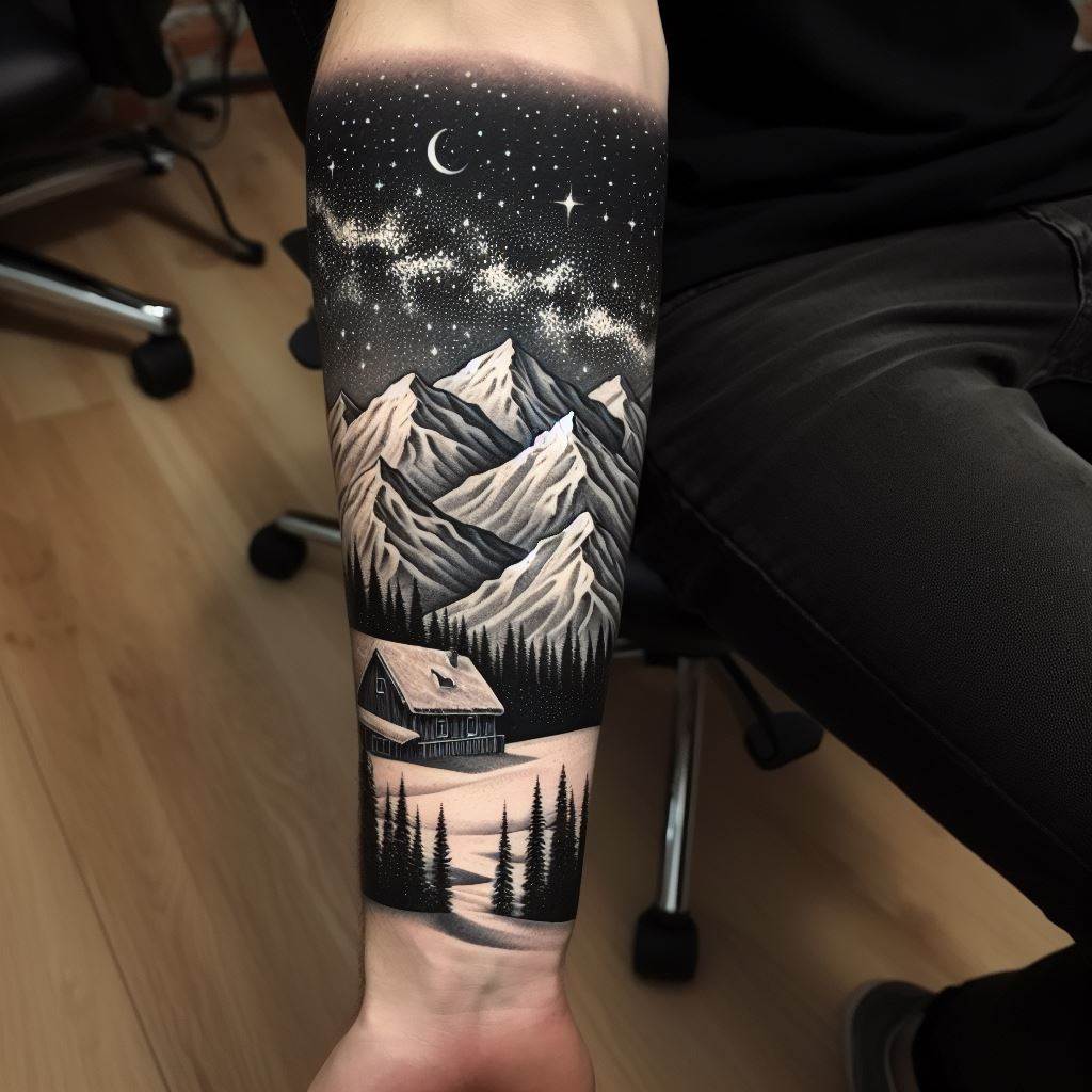 A snowy mountain range tattoo wrapping around the forearm, featuring intricate details of snow-capped peaks under a starlit sky, with a small, cozy cabin nestled at the base of the mountains. The design transitions smoothly from the wrist to the elbow, with pine trees dotting the landscape and a moon casting a soft glow over the scene.