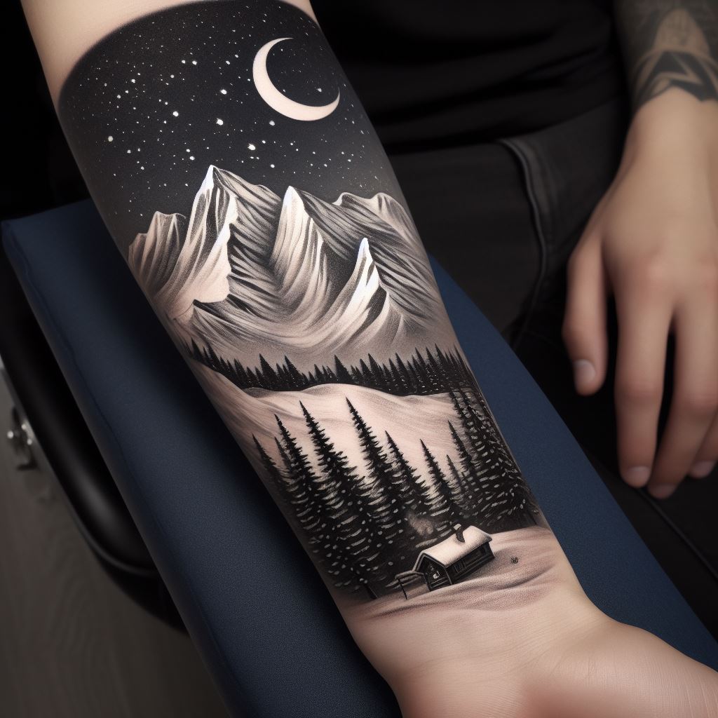 A snowy mountain range tattoo wrapping around the forearm, featuring intricate details of snow-capped peaks under a starlit sky, with a small, cozy cabin nestled at the base of the mountains. The design transitions smoothly from the wrist to the elbow, with pine trees dotting the landscape and a moon casting a soft glow over the scene.