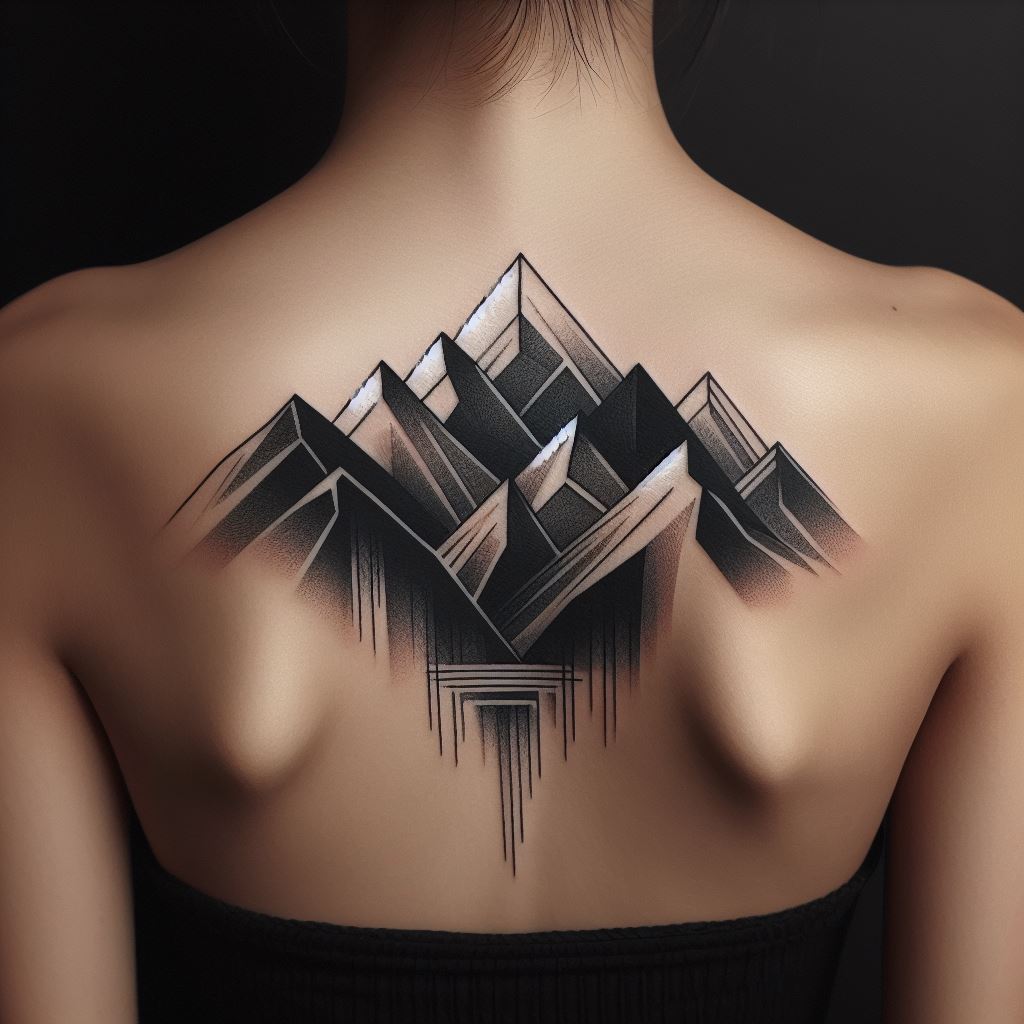 An abstract mountain tattoo on the upper back, combining geometric shapes and lines to form a minimalist mountain landscape. The tattoo uses shades of black, gray, and white to create depth and perspective, with the largest peak centered between the shoulder blades and smaller hills extending towards the shoulders.