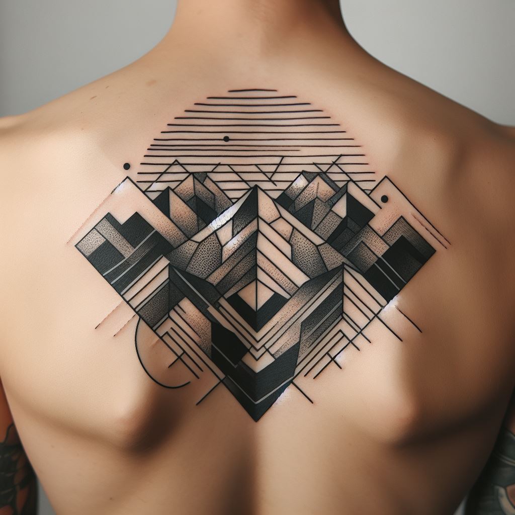 An abstract mountain tattoo on the upper back, combining geometric shapes and lines to form a minimalist mountain landscape. The tattoo uses shades of black, gray, and white to create depth and perspective, with the largest peak centered between the shoulder blades and smaller hills extending towards the shoulders.