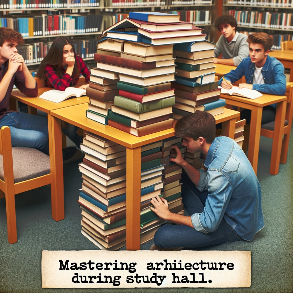 A group of students in the library, one of whom is stacking books to create a makeshift fort. The caption reads, 'Mastering architecture during study hall.' Other students are peeking over their books, intrigued and amused by the construction. The library is filled with shelves of books and quiet study areas.