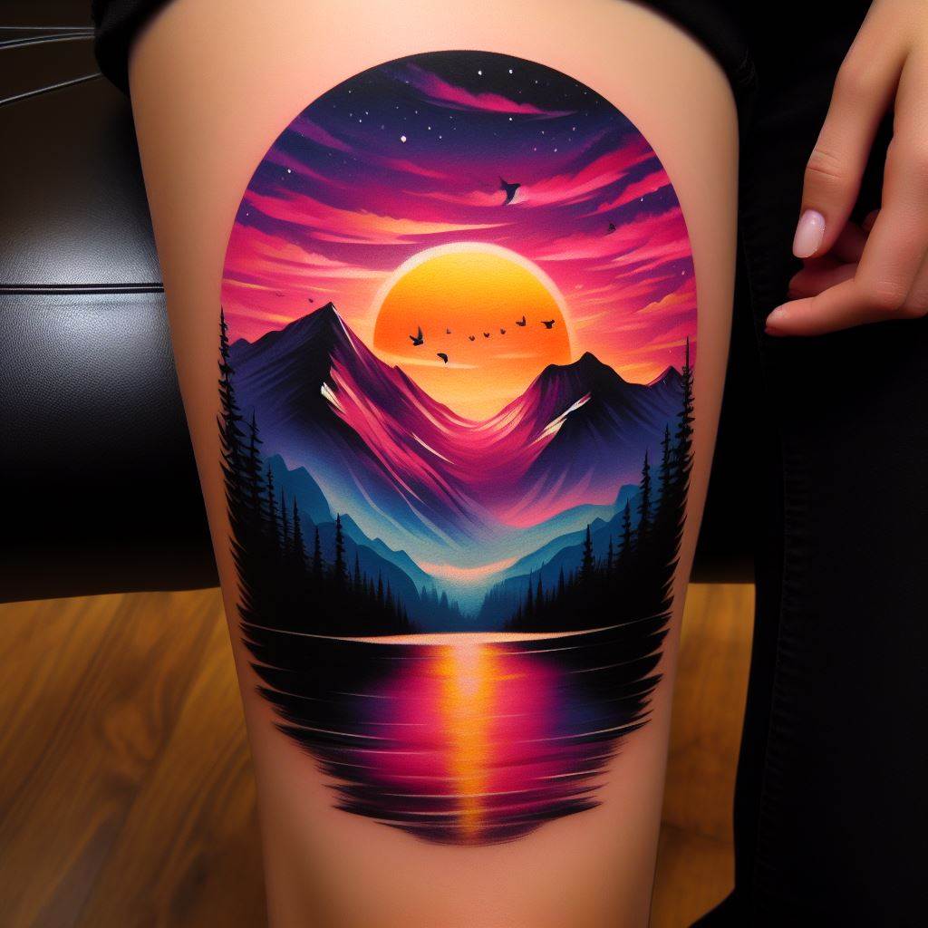 A colorful sunrise mountain tattoo on the calf, depicting a vibrant scene of the sun rising behind a mountain range. The sky transitions from deep purple to pink, orange, and finally yellow, with the mountains silhouetted in black. Small birds can be seen flying in the distance, adding life to the tranquil scene.
