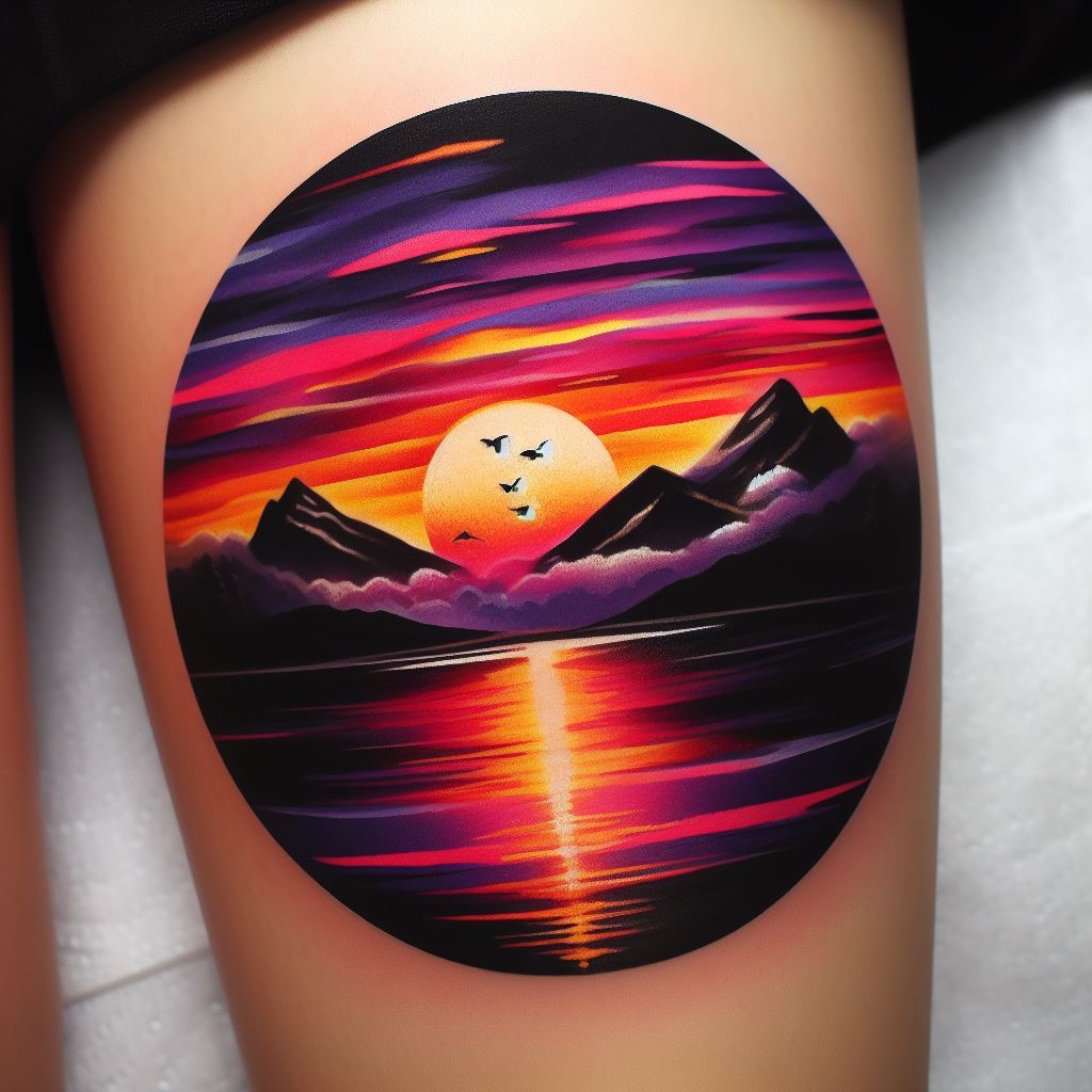 A colorful sunrise mountain tattoo on the calf, depicting a vibrant scene of the sun rising behind a mountain range. The sky transitions from deep purple to pink, orange, and finally yellow, with the mountains silhouetted in black. Small birds can be seen flying in the distance, adding life to the tranquil scene.