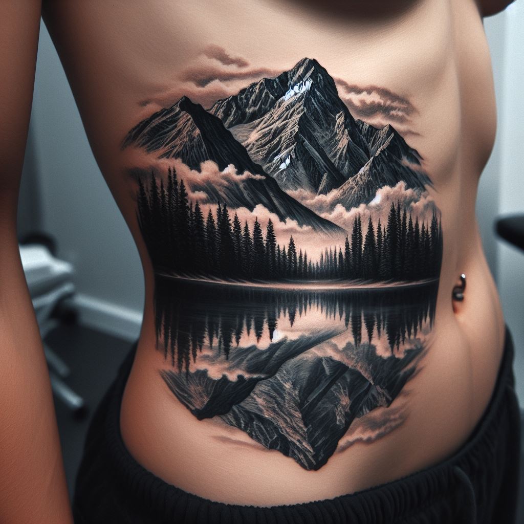 An intricate mountain and lake tattoo on the side torso, featuring a detailed landscape of mountains reflected perfectly in the still waters of a lake below. The tattoo captures the serenity of nature, with trees lining the lake's shore and clouds softly drifting above the peaks.