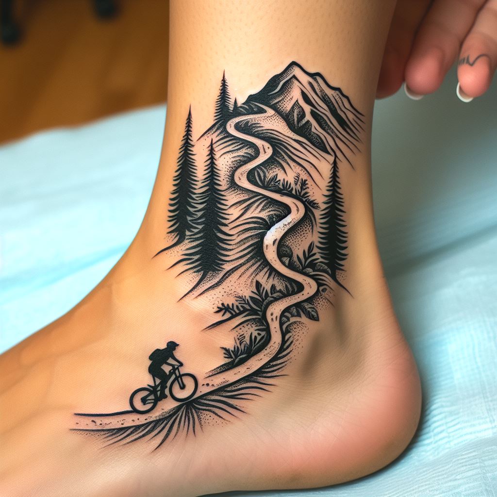 A mountain bike trail tattoo encircling the ankle, with a narrow path winding through a mountainous terrain, including sharp turns and steep inclines. The design includes a tiny mountain biker navigating the trail, surrounded by trees and rocks, capturing the thrill of mountain biking.