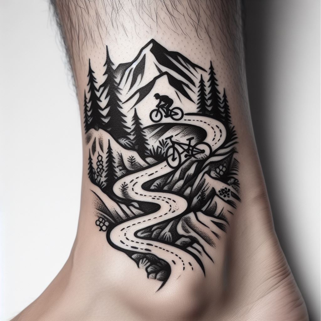 A mountain bike trail tattoo encircling the ankle, with a narrow path winding through a mountainous terrain, including sharp turns and steep inclines. The design includes a tiny mountain biker navigating the trail, surrounded by trees and rocks, capturing the thrill of mountain biking.