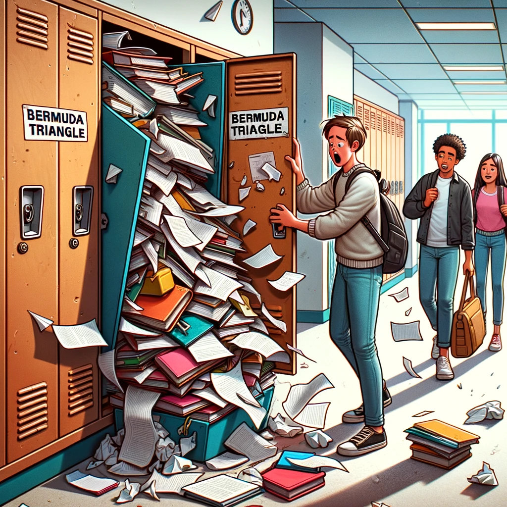 A student opening their locker to find it overflowing with papers and textbooks, with the caption, 'The Bermuda Triangle of school supplies.' Other students are walking by, some looking sympathetically, while one is trying to catch a flying paper. The hallway is busy, with students moving between classes.