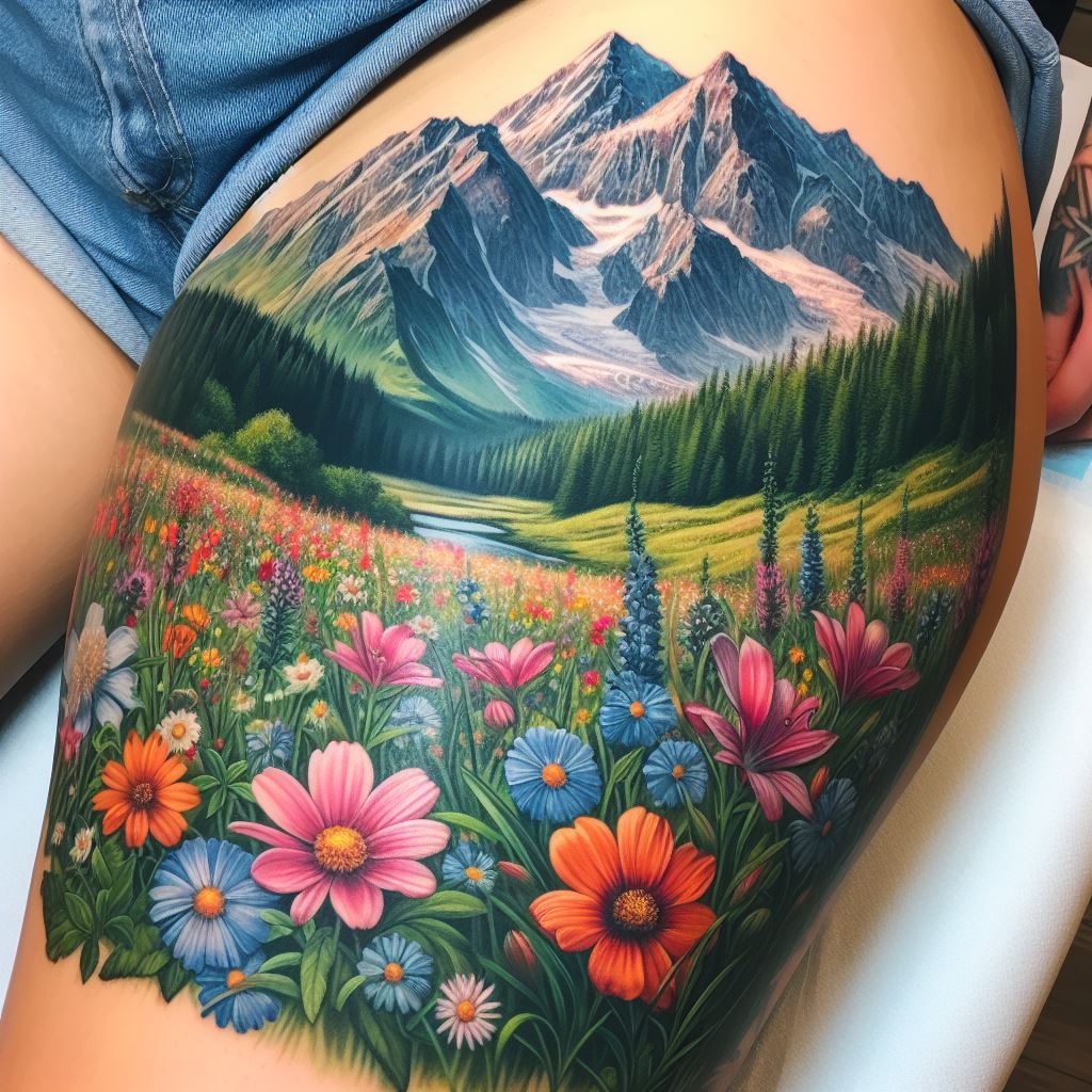 An alpine flower field and mountain tattoo on the thigh, showcasing a lush field of wildflowers in the foreground with a majestic mountain range in the background. The tattoo is vibrant and colorful, with a variety of flowers in full bloom, offering a sense of warmth and beauty.