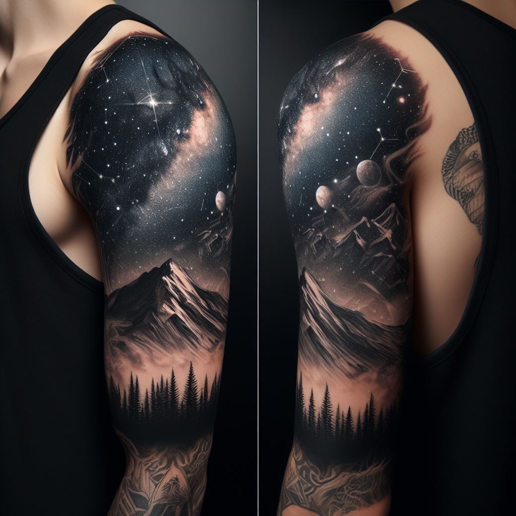 A mountain and night sky sleeve tattoo, extending from the shoulder to the wrist, featuring a detailed landscape of mountains under a night sky filled with stars, constellations, and a glowing galaxy. The lower part of the sleeve includes a forest silhouette, adding depth and complexity to the design.
