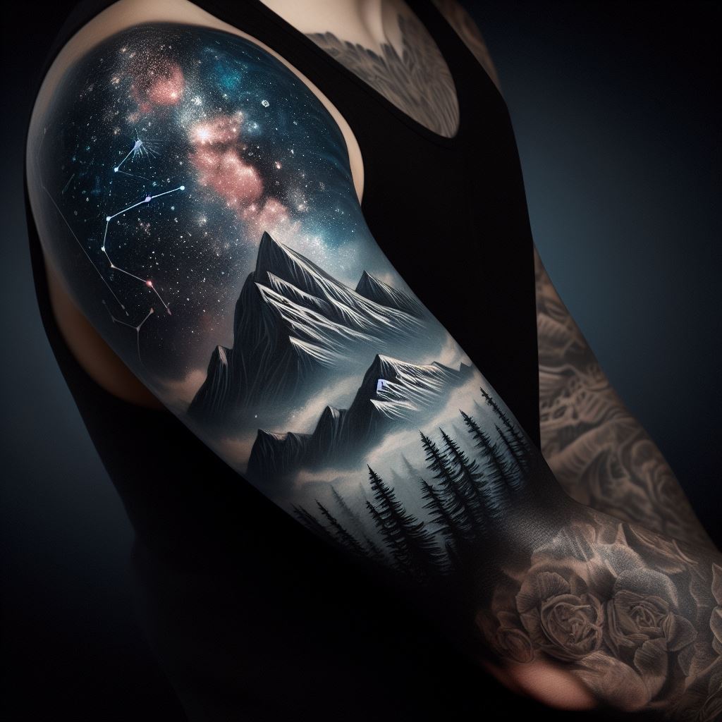 A mountain and night sky sleeve tattoo, extending from the shoulder to the wrist, featuring a detailed landscape of mountains under a night sky filled with stars, constellations, and a glowing galaxy. The lower part of the sleeve includes a forest silhouette, adding depth and complexity to the design.