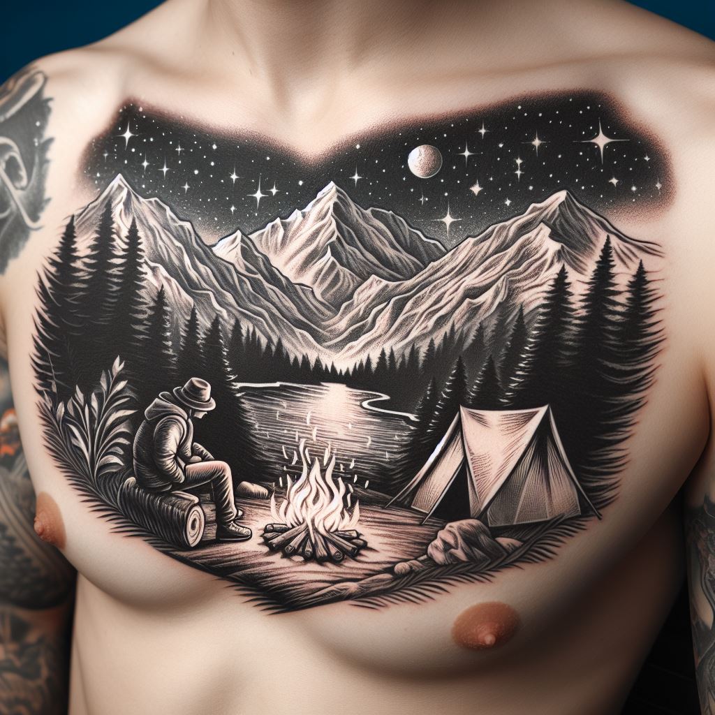 A mountain adventure tattoo on the chest, depicting a scene of a camper sitting beside a fire with a tent pitched in the foreground and a vast mountain range in the distance. The design captures the essence of outdoor adventure, with stars twinkling in the sky and a clear, flowing river nearby.