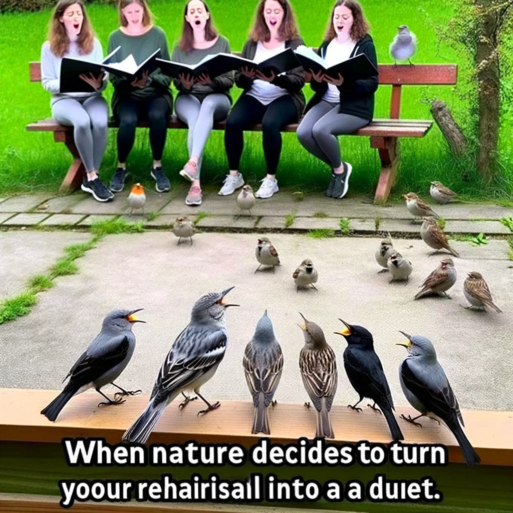 An image of a choir practicing outdoors, with birds joining in and singing along. The caption humorously states, "When nature decides to turn your rehearsal into a duet."