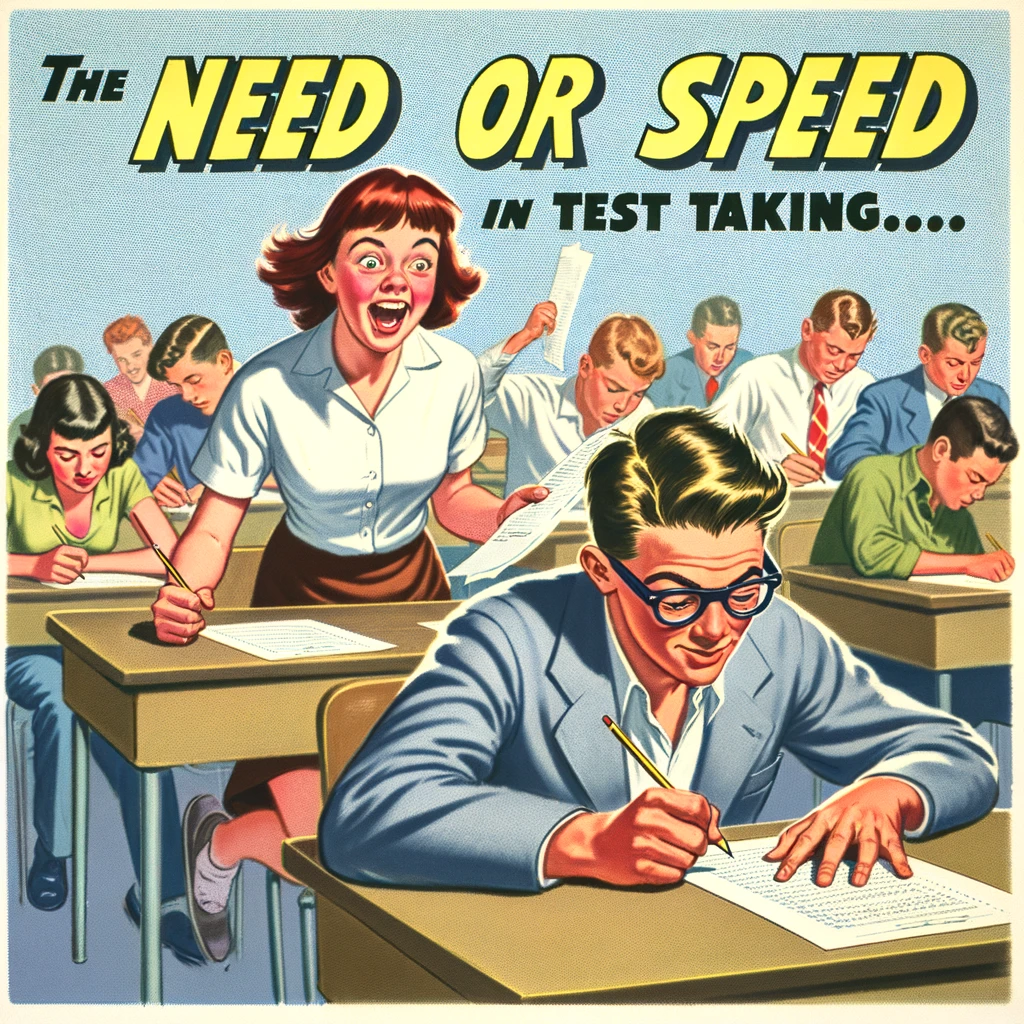 A student triumphantly finishing a test first and looking around to see everyone else still working. The caption reads, 'The need for speed... in test taking.' The classroom atmosphere is tense, with students focused on their papers, and the teacher observing from the front.