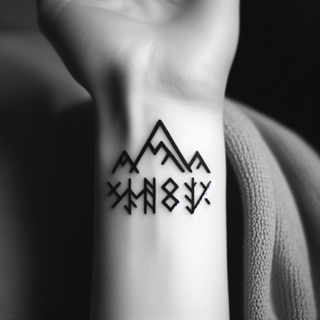 A nordic rune and mountain tattoo on the inner wrist, combining traditional nordic runes with a minimalist mountain silhouette. The design is simple yet symbolic, with the runes representing strength and protection, and the mountain embodying resilience and adventure.