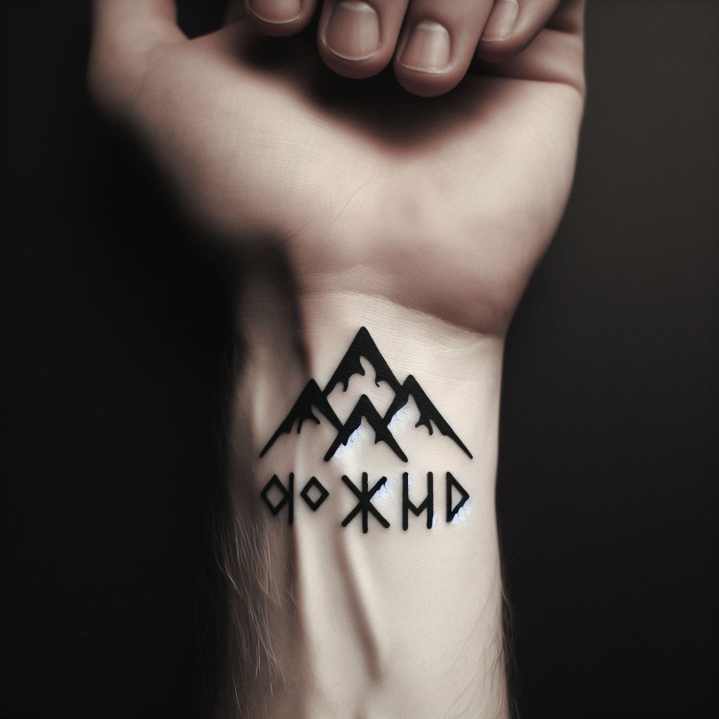 A nordic rune and mountain tattoo on the inner wrist, combining traditional nordic runes with a minimalist mountain silhouette. The design is simple yet symbolic, with the runes representing strength and protection, and the mountain embodying resilience and adventure.