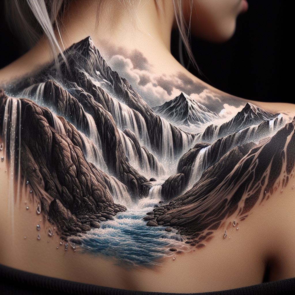 A cascading waterfall and mountain tattoo on the side of the neck, showcasing a stunning scene where water flows down a series of rocky cliffs, set against a backdrop of towering mountains. The design captures the dynamic beauty of nature, with fine details of water droplets and mist adding realism and depth.