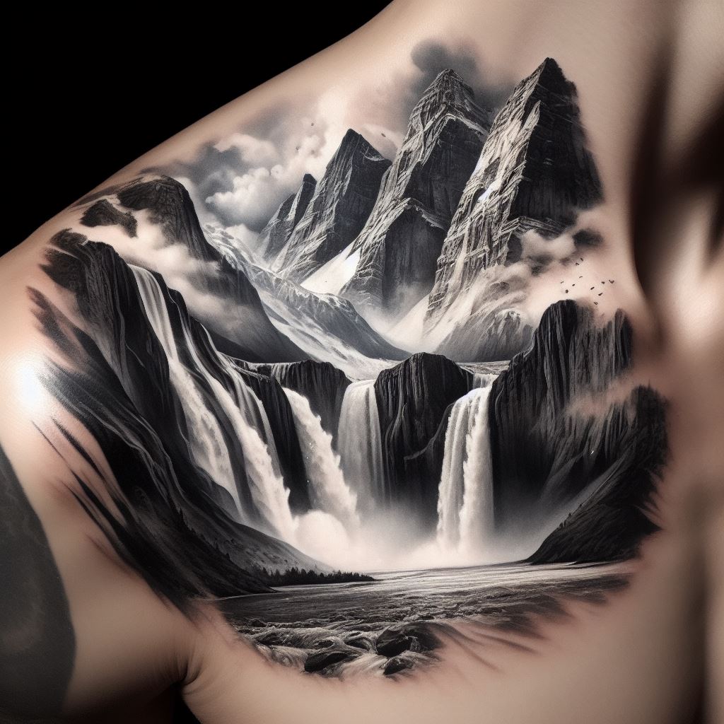 A cascading waterfall and mountain tattoo on the side of the neck, showcasing a stunning scene where water flows down a series of rocky cliffs, set against a backdrop of towering mountains. The design captures the dynamic beauty of nature, with fine details of water droplets and mist adding realism and depth.