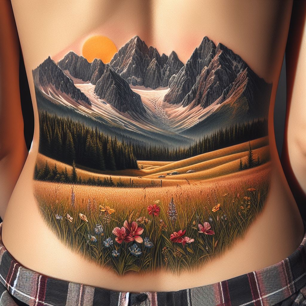 An alpine meadow and mountain tattoo across the lower back, featuring a peaceful scene of a wide, sunlit meadow surrounded by high mountain peaks. The tattoo emphasizes the contrast between the gentle, rolling meadows and the rugged, majestic mountains, with wildflowers scattered across the foreground for a pop of color.
