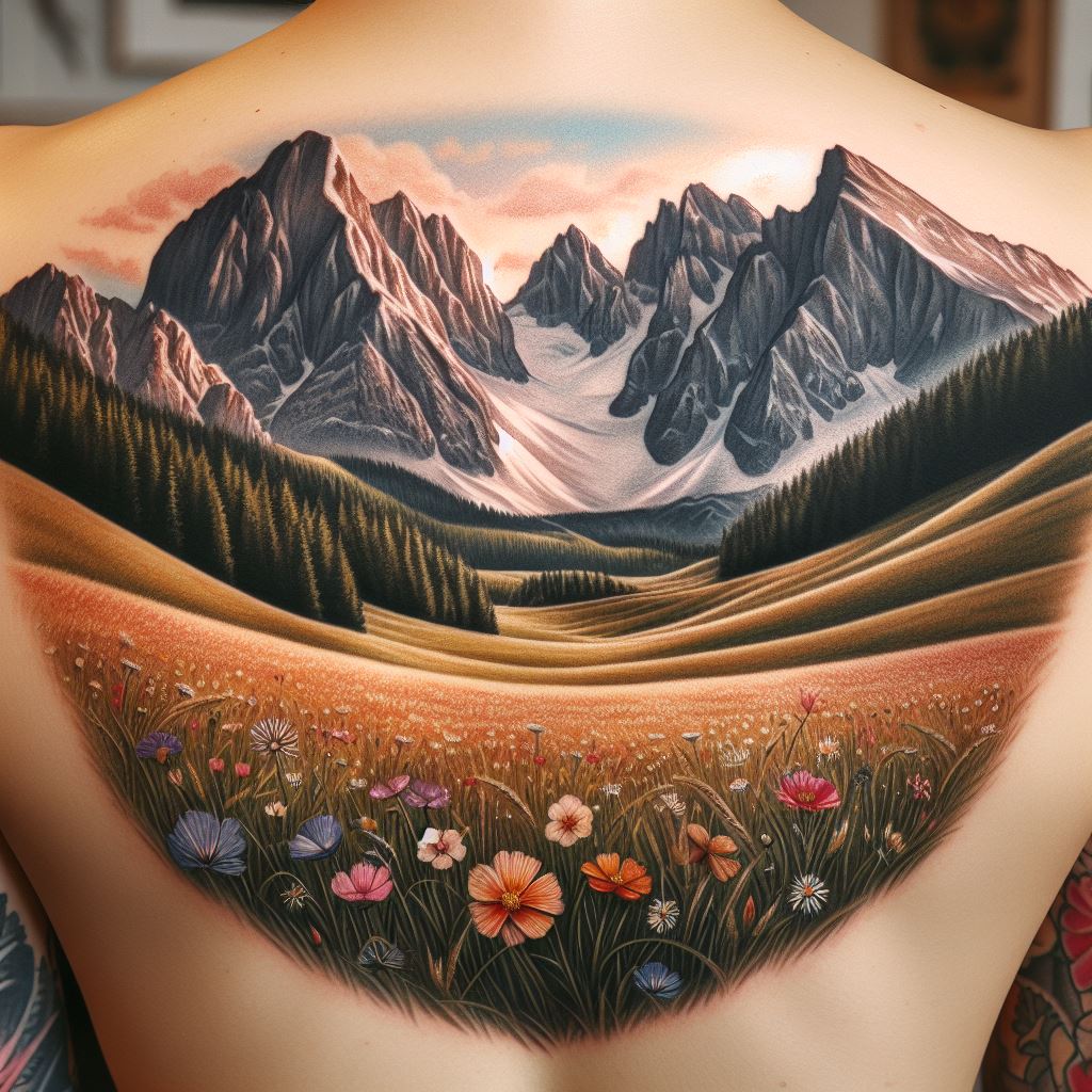 An alpine meadow and mountain tattoo across the lower back, featuring a peaceful scene of a wide, sunlit meadow surrounded by high mountain peaks. The tattoo emphasizes the contrast between the gentle, rolling meadows and the rugged, majestic mountains, with wildflowers scattered across the foreground for a pop of color.