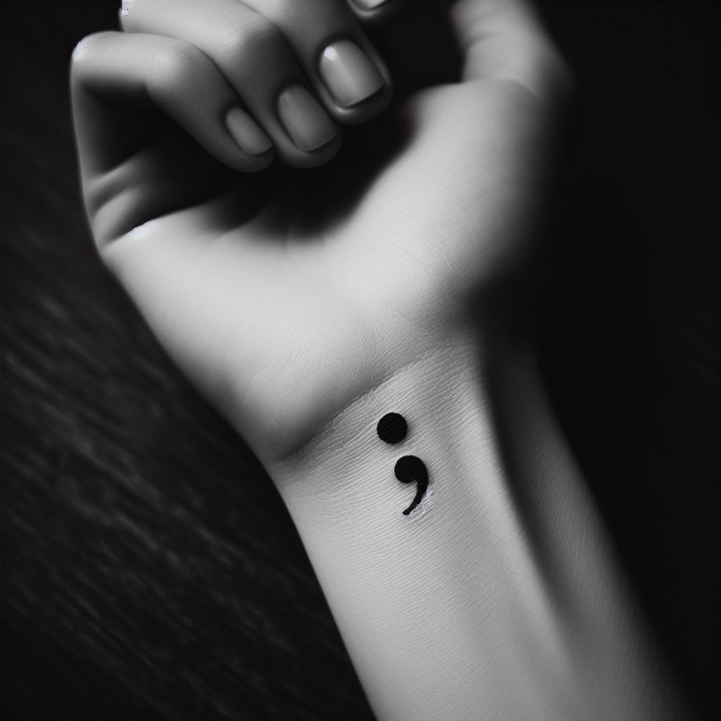 A small semicolon tattoo located on the inside of the wrist, executed in a simple black ink. This powerful symbol represents a pause rather than an end, often associated with mental health awareness and the continuation of life stories. Its placement on the wrist makes it a constant, personal reminder of strength and resilience.