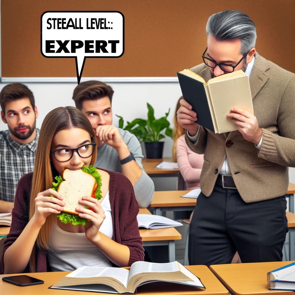 A student trying to discreetly eat a sandwich during class, hiding it behind a textbook. The caption says, 'Stealth level: Expert.' The teacher is giving a lecture, unaware of the sneaky snack time happening. Other students are glancing over, some trying to hide their laughter.