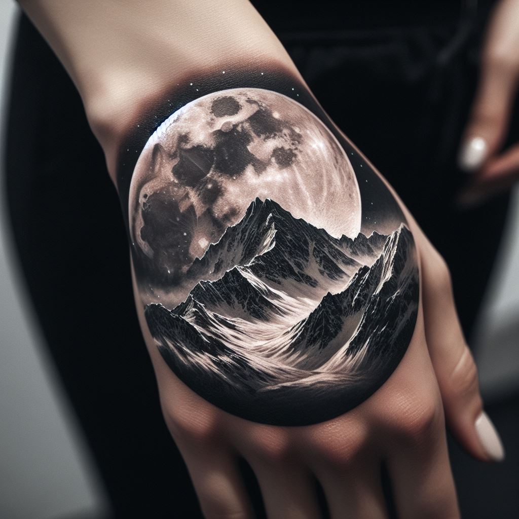 A full moon over mountain peaks tattoo on the back of the hand, depicting a striking image of a large, detailed full moon illuminating snow-capped mountains below. The design incorporates subtle shading to create the illusion of light and shadow, enhancing the mystical and tranquil vibe of the nighttime scene.