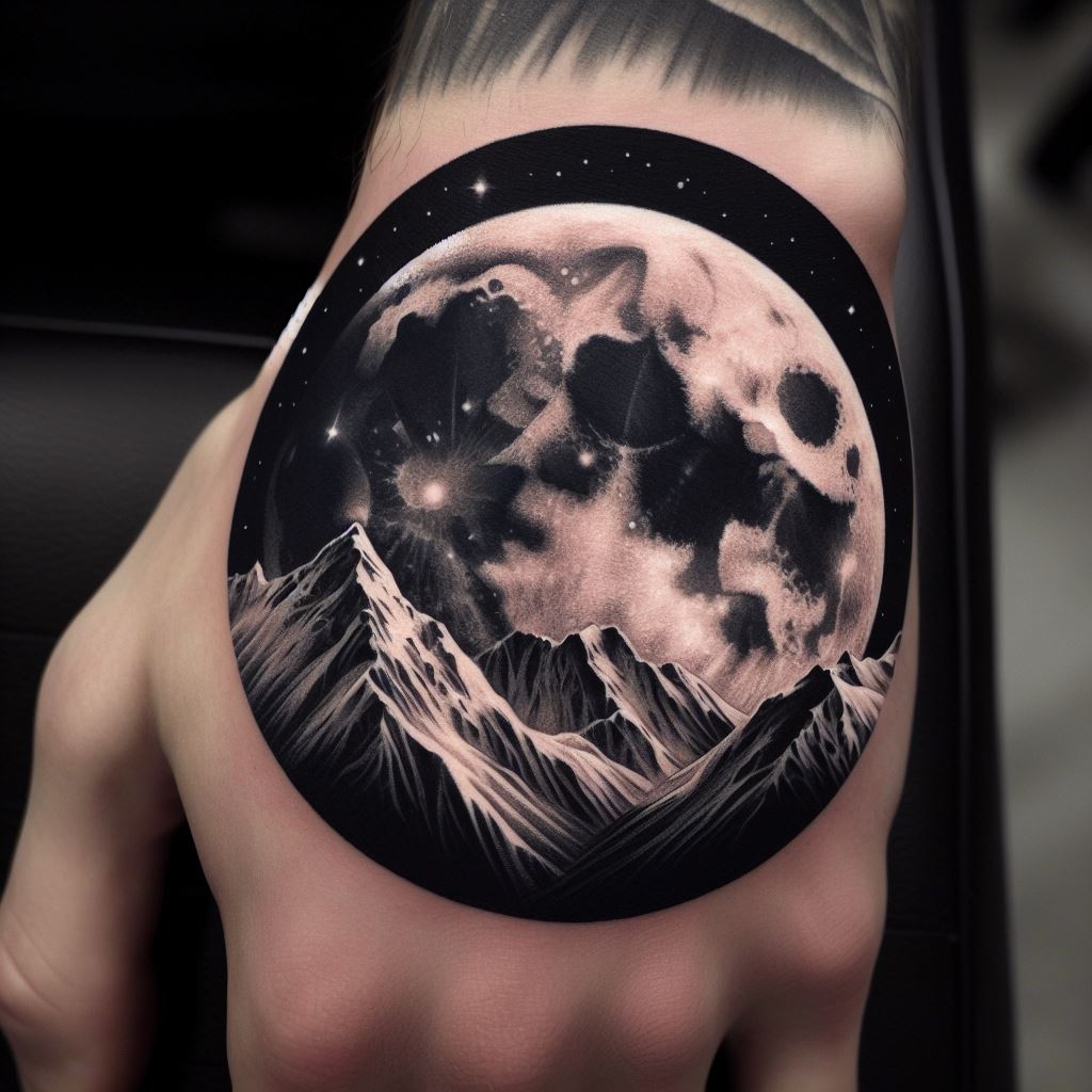 A full moon over mountain peaks tattoo on the back of the hand, depicting a striking image of a large, detailed full moon illuminating snow-capped mountains below. The design incorporates subtle shading to create the illusion of light and shadow, enhancing the mystical and tranquil vibe of the nighttime scene.