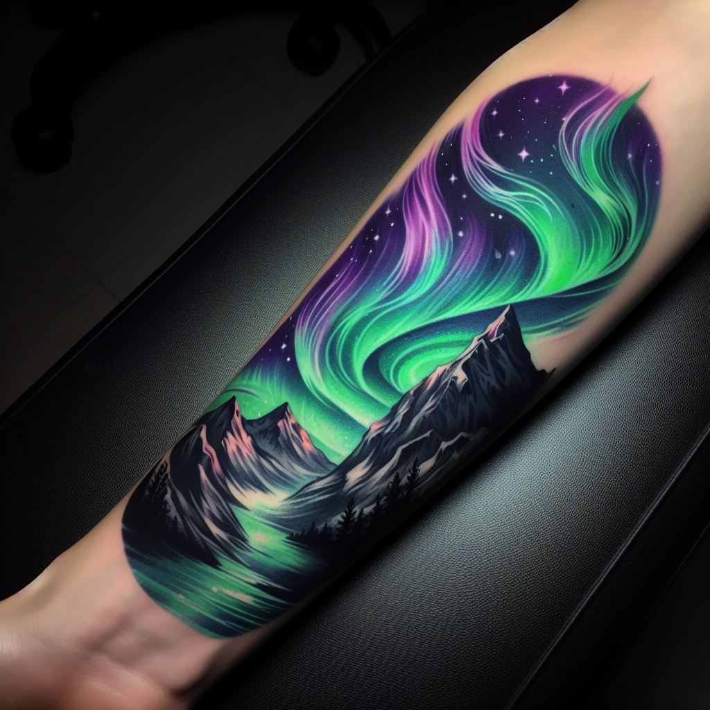 An Aurora Borealis and mountain range tattoo on the forearm, presenting a vibrant display of the Northern Lights swirling in the sky above a silhouetted mountain landscape. The tattoo uses bright greens, purples, and blues to mimic the natural phenomenon, with fine lines suggesting movement and flow.