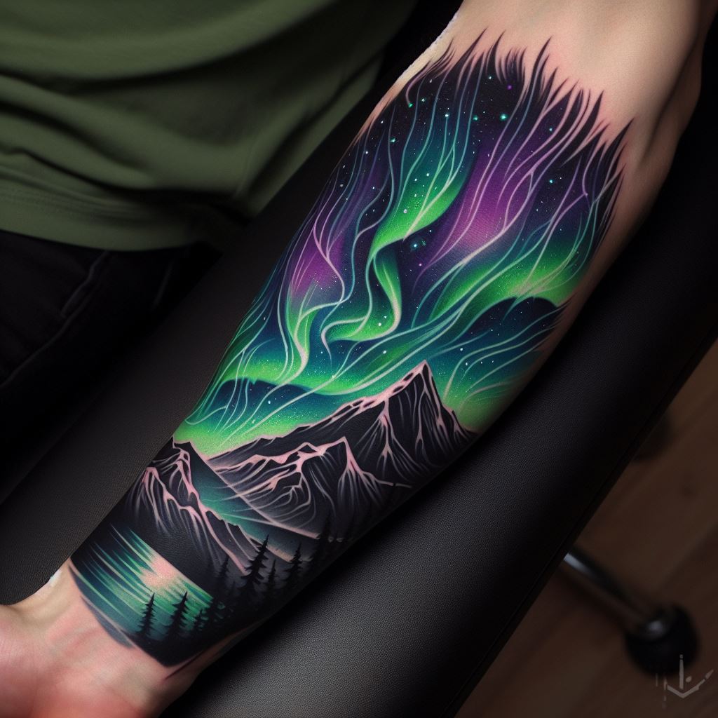 An Aurora Borealis and mountain range tattoo on the forearm, presenting a vibrant display of the Northern Lights swirling in the sky above a silhouetted mountain landscape. The tattoo uses bright greens, purples, and blues to mimic the natural phenomenon, with fine lines suggesting movement and flow.