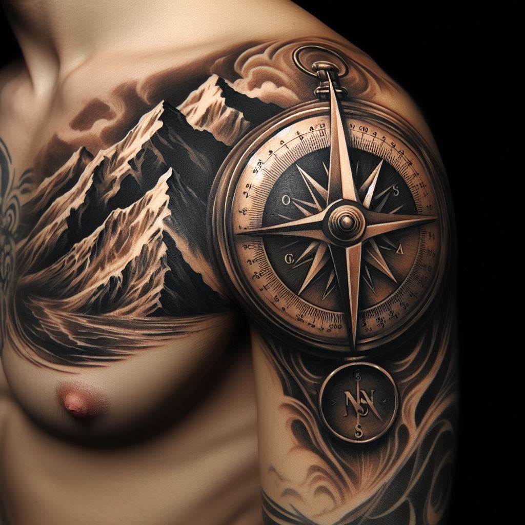 A mountain and compass tattoo on the upper arm, symbolizing guidance and adventure. The compass is intricately designed, with a mountain range forming the background of the compass rose. The tattoo blends elements of exploration and nature, using detailed shading to create a three-dimensional effect.