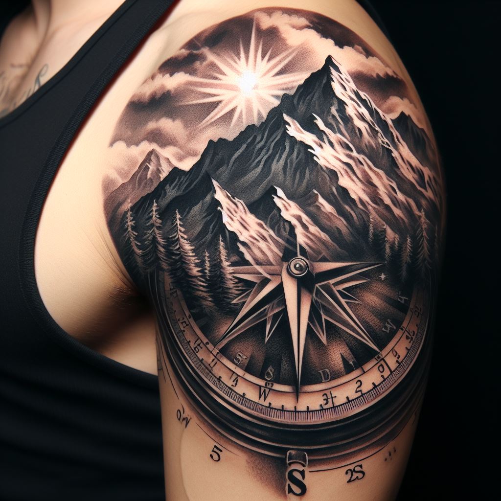 A mountain and compass tattoo on the upper arm, symbolizing guidance and adventure. The compass is intricately designed, with a mountain range forming the background of the compass rose. The tattoo blends elements of exploration and nature, using detailed shading to create a three-dimensional effect.