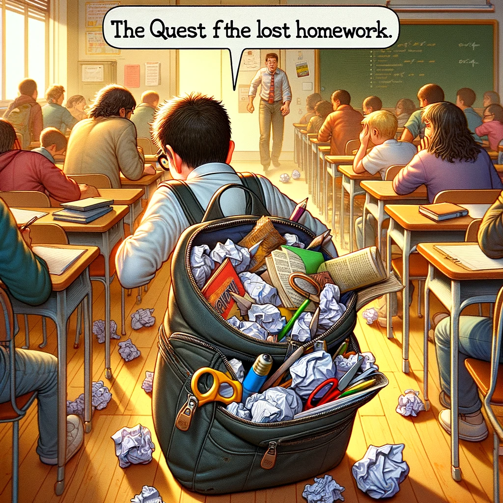 A student frantically searching for their homework in a backpack full of crumpled papers and random objects. The caption reads, 'The quest for the lost homework.' The classroom is busy with students settling down, and the teacher is starting to collect the assignments.