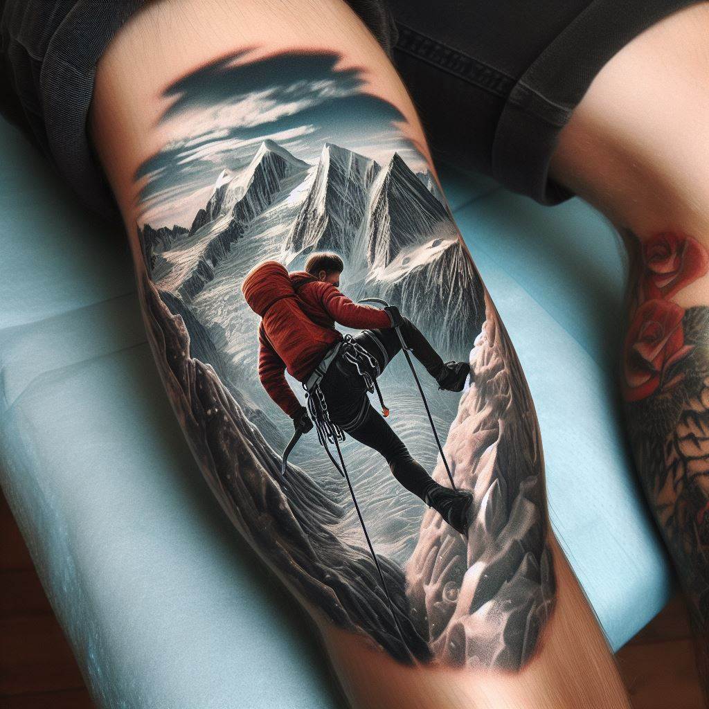 An ice climber ascending a mountain tattoo on the calf, capturing the moment of an ice climber using axes to ascend a steep, icy mountain face. The tattoo focuses on the determination and skill of the climber, set against a backdrop of breathtaking mountain scenery, with intricate details of ice and snow adding realism.