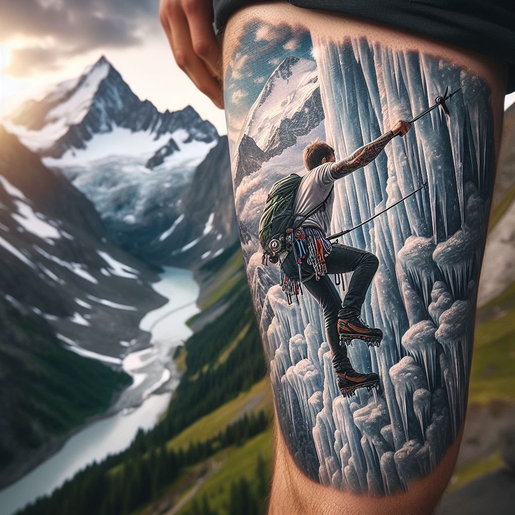 An ice climber ascending a mountain tattoo on the calf, capturing the moment of an ice climber using axes to ascend a steep, icy mountain face. The tattoo focuses on the determination and skill of the climber, set against a backdrop of breathtaking mountain scenery, with intricate details of ice and snow adding realism.
