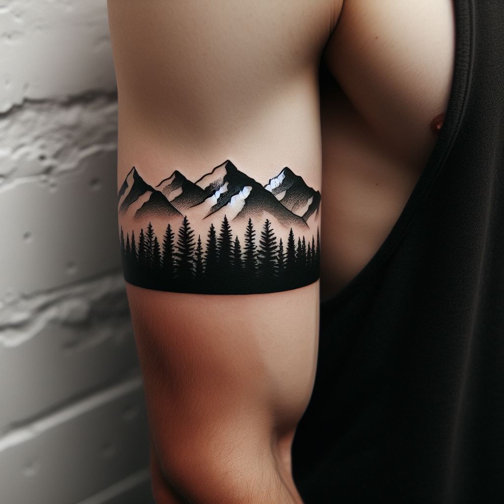 A mountain and forest silhouette tattoo around the bicep, featuring a continuous band of mountain and forest silhouettes. The design is minimalist, using solid black to create a stark contrast between the natural shapes and the skin, embodying the simplicity and beauty of the wilderness.