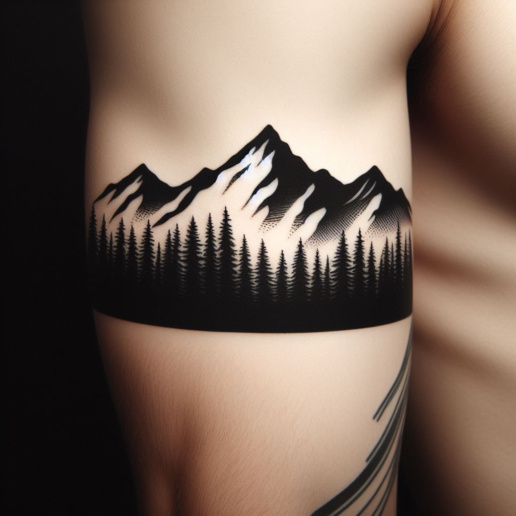 A mountain and forest silhouette tattoo around the bicep, featuring a continuous band of mountain and forest silhouettes. The design is minimalist, using solid black to create a stark contrast between the natural shapes and the skin, embodying the simplicity and beauty of the wilderness.