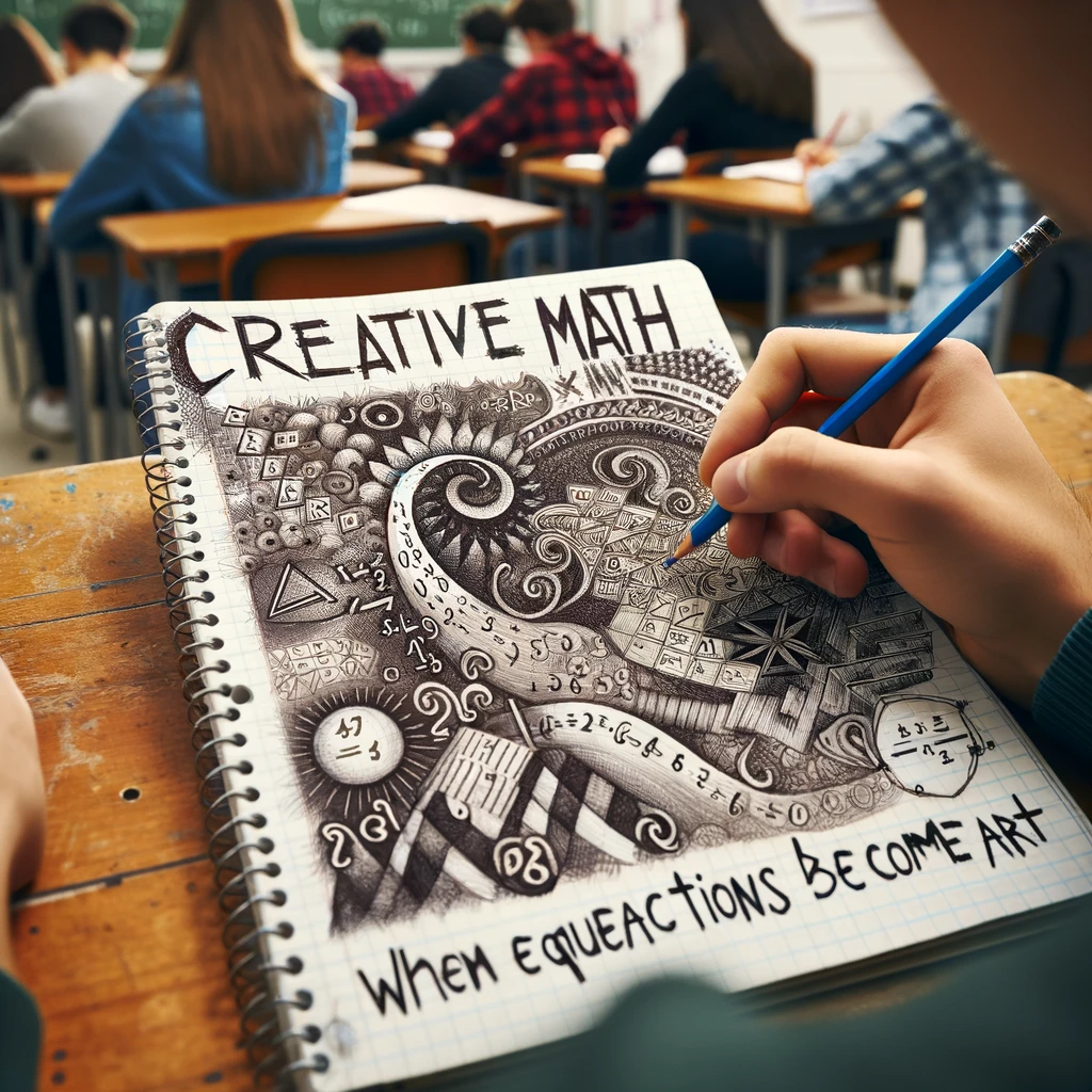 A student doodling in their notebook, surrounded by math equations, with the caption, 'Creative math: When equations become art.' The notebook is filled with intricate drawings that incorporate mathematical symbols. The classroom setting shows other students focused on solving problems, while this student finds an artistic escape.