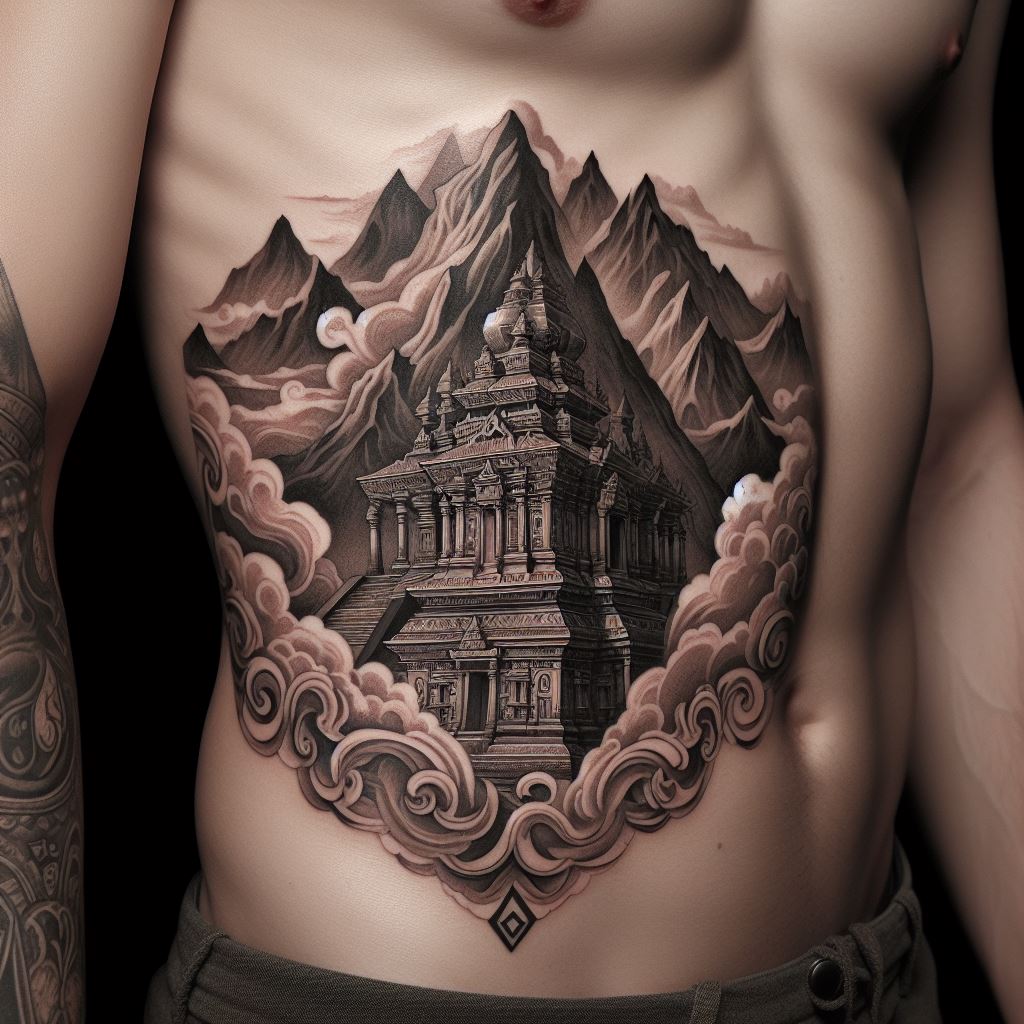 An ancient temple in the mountains tattoo on the side torso, depicting an elaborate scene of an ancient temple nestled among rugged mountain peaks, with clouds or mist swirling around the base. The design incorporates architectural details of the temple, blending history and nature in a detailed and mystical composition.